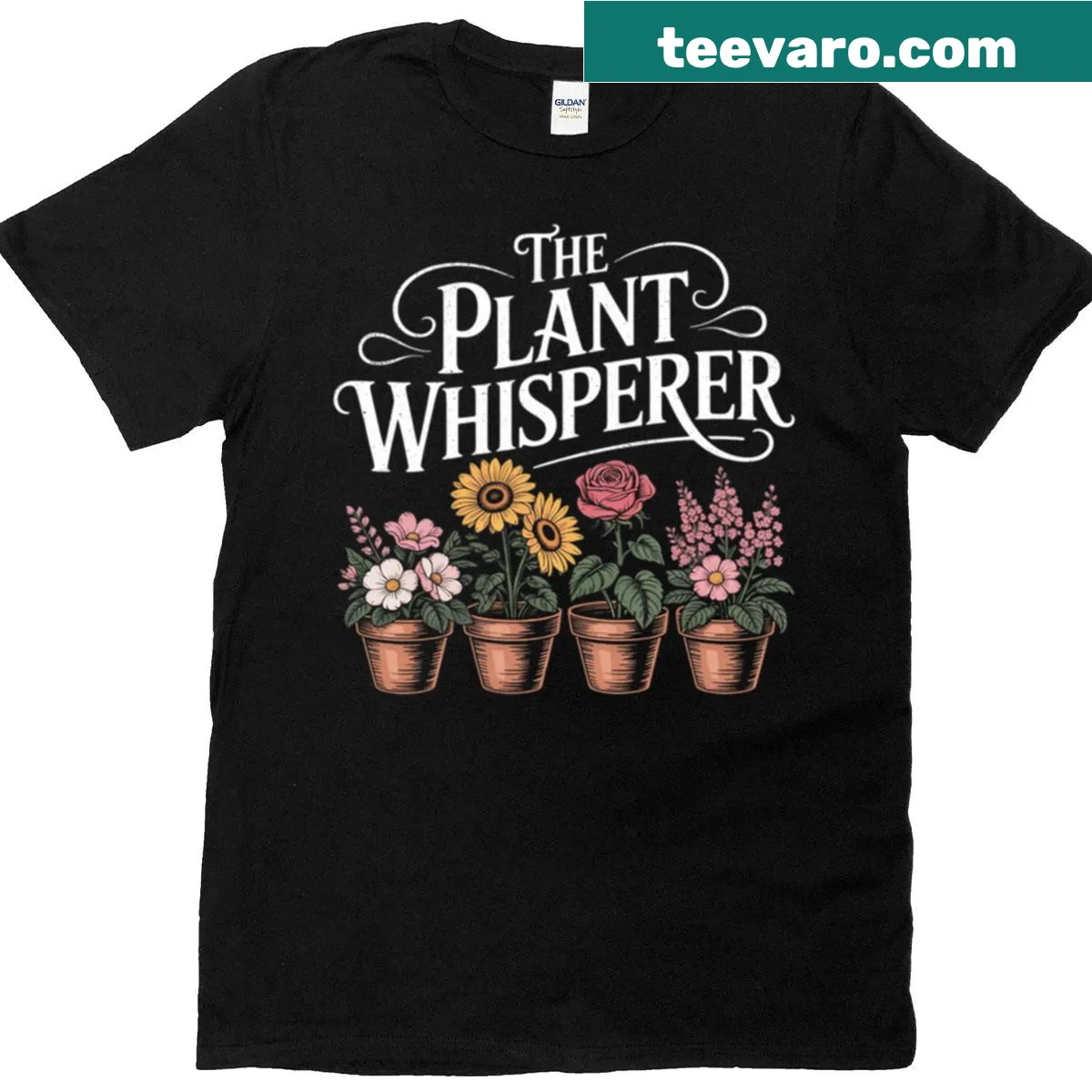 T-shirt featuring whimsical plants with the text 'Plant Whisperer' — on a men's t-shirt