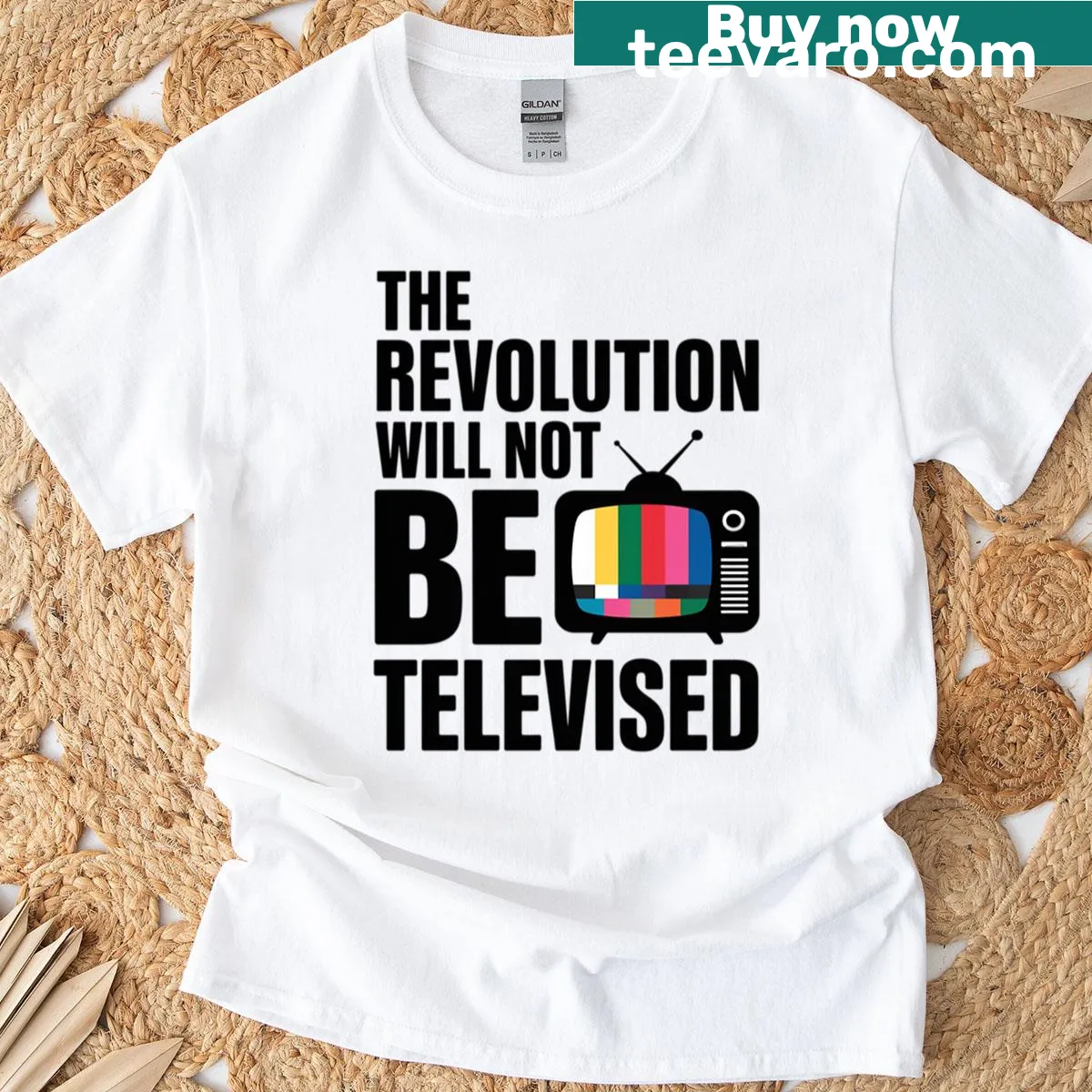 T-shirt with bold typography stating 'The Revolution Will Not Be Televised' — on a men's t-shirt