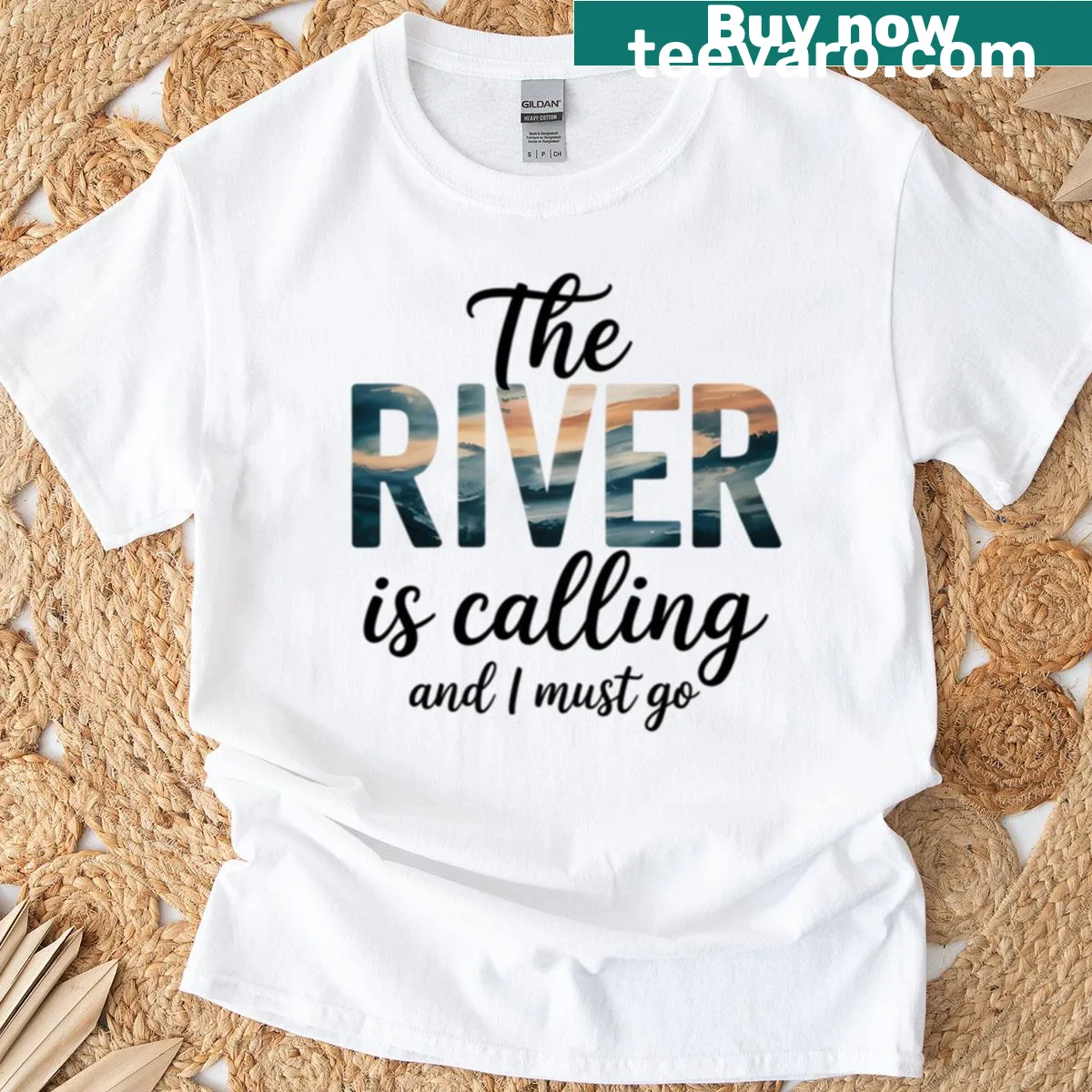 Outdoor-themed T-shirt with the phrase 'The River Is Calling I Must Go' — on a men's t-shirt