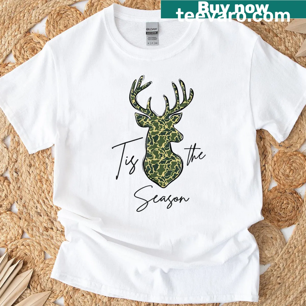 Camo deer head with antlers graphic on a Christmas T-shirt — on a men's t-shirt