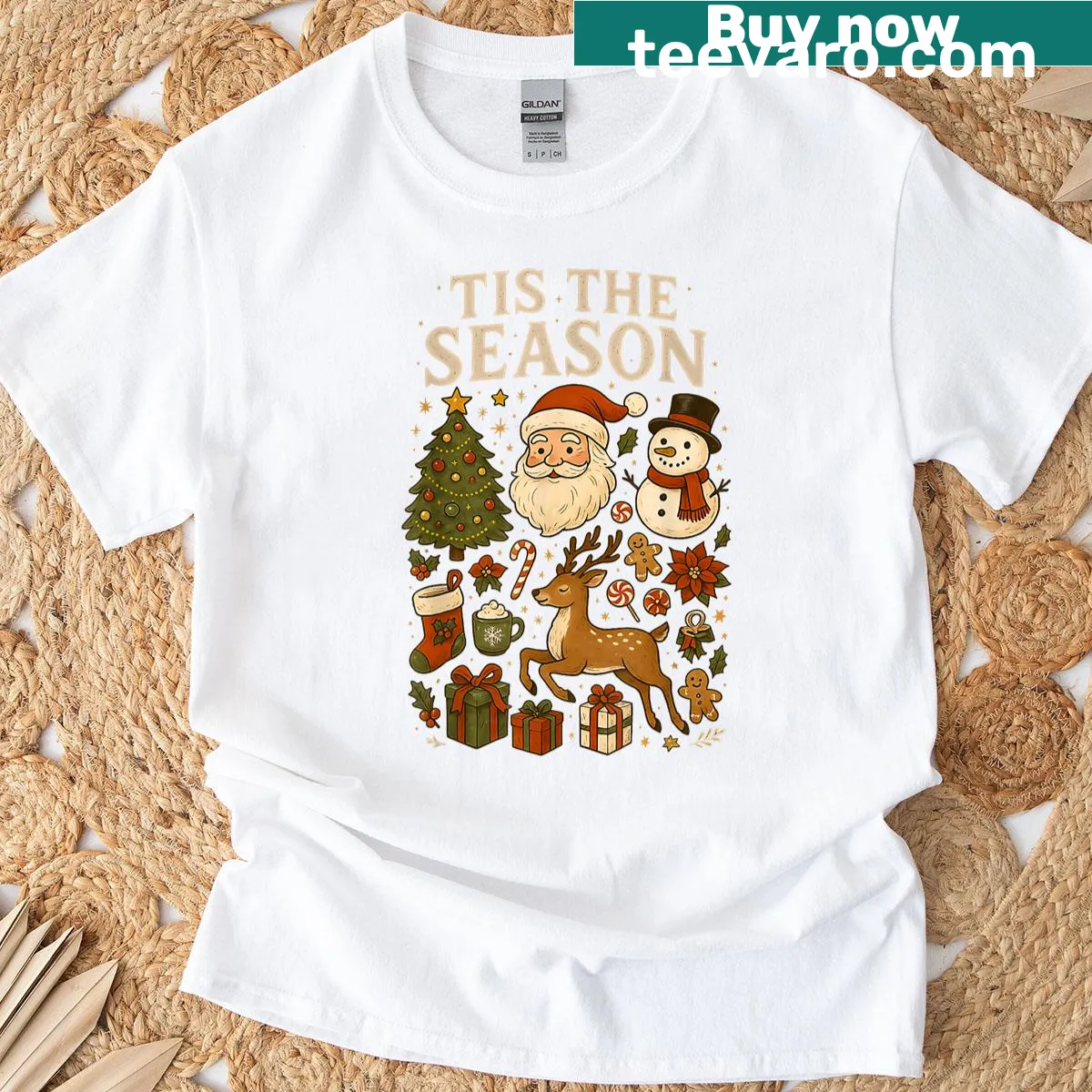 Vintage Christmas T-shirt with cartoon Santa and snowman design — on a men's t-shirt