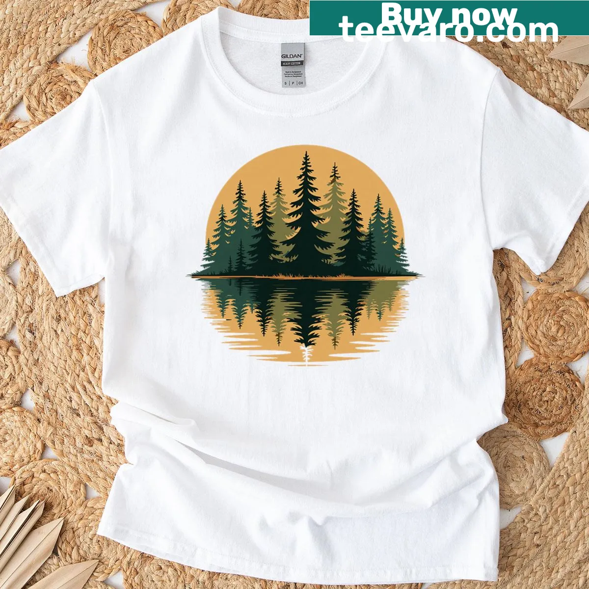 Vintage forest scene with trees and wildlife illustration — on a men's t-shirt