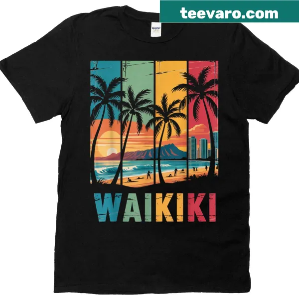 Vintage-inspired T-shirt featuring Waikiki, Hawaii illustration.