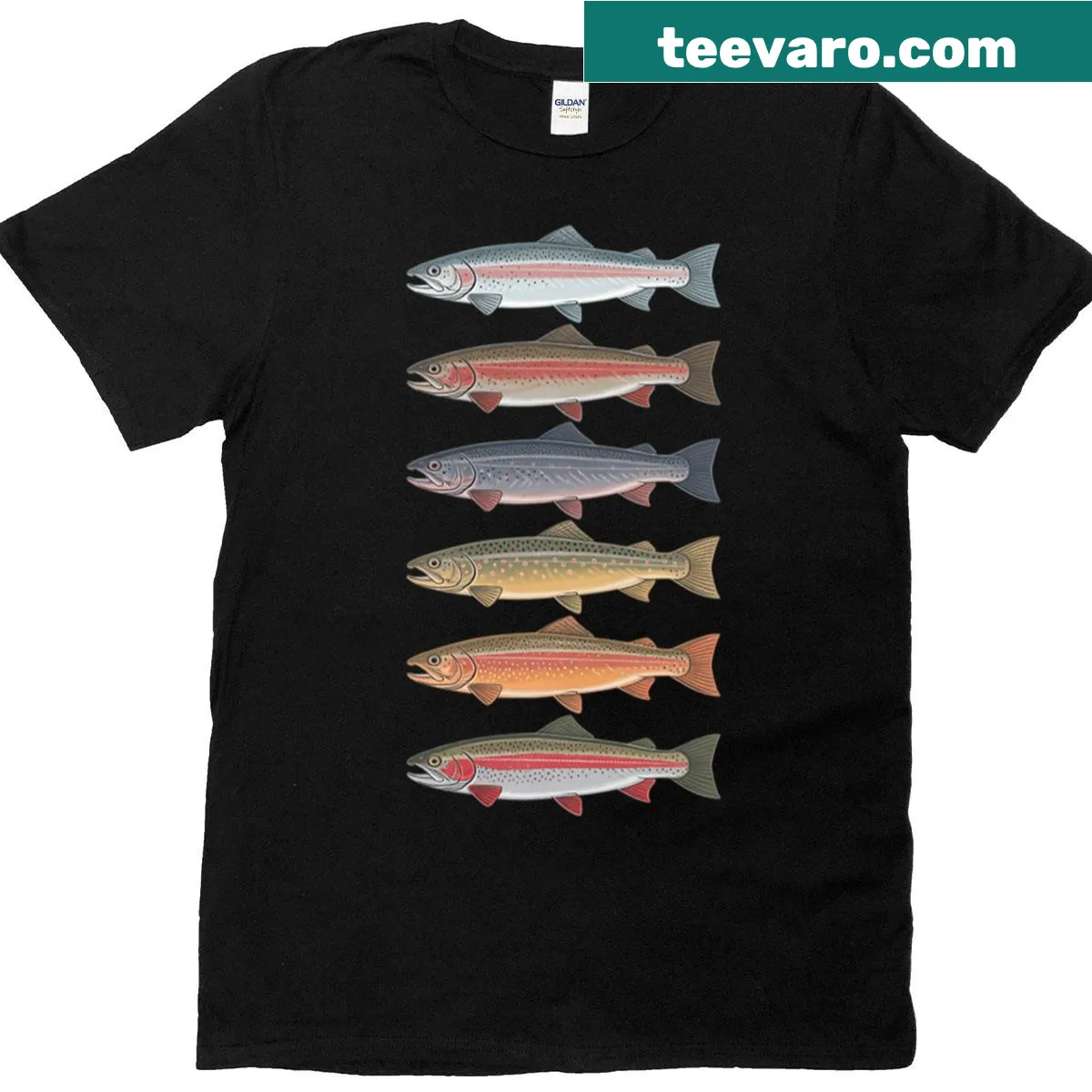 Graphic design featuring various trout species on fishing t-shirt — on a men's t-shirt