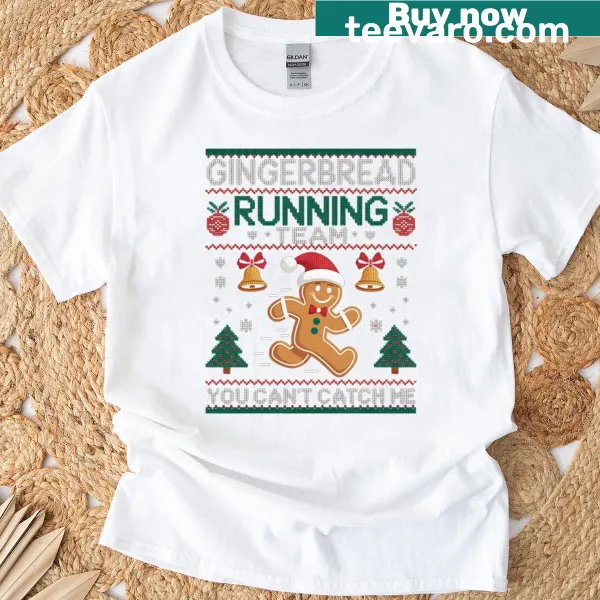 Funny Christmas T-shirt featuring a running gingerbread man