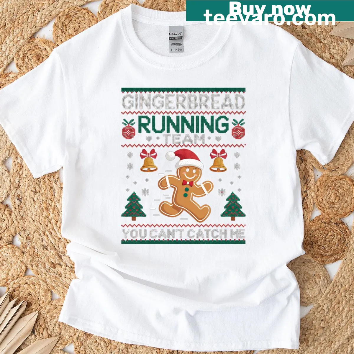 Funny Christmas T-shirt featuring a running gingerbread man — on a men's t-shirt
