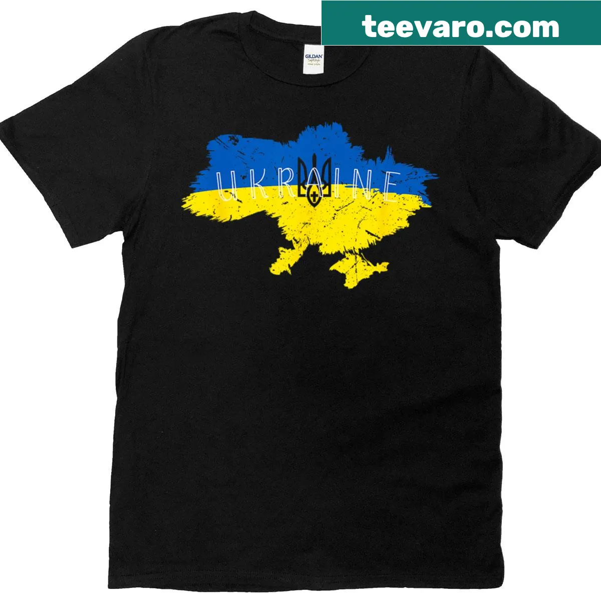 Vintage Ukraine map T-shirt featuring Tryzub emblem and flag art — on a men's t-shirt