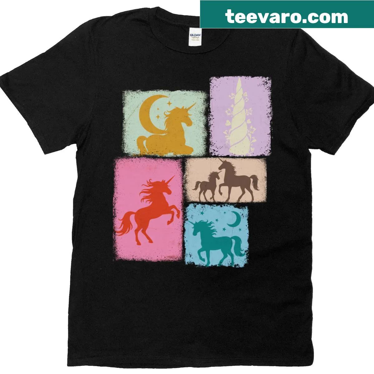 Vintage collage design featuring whimsical unicorns for dreamers — on a men's t-shirt