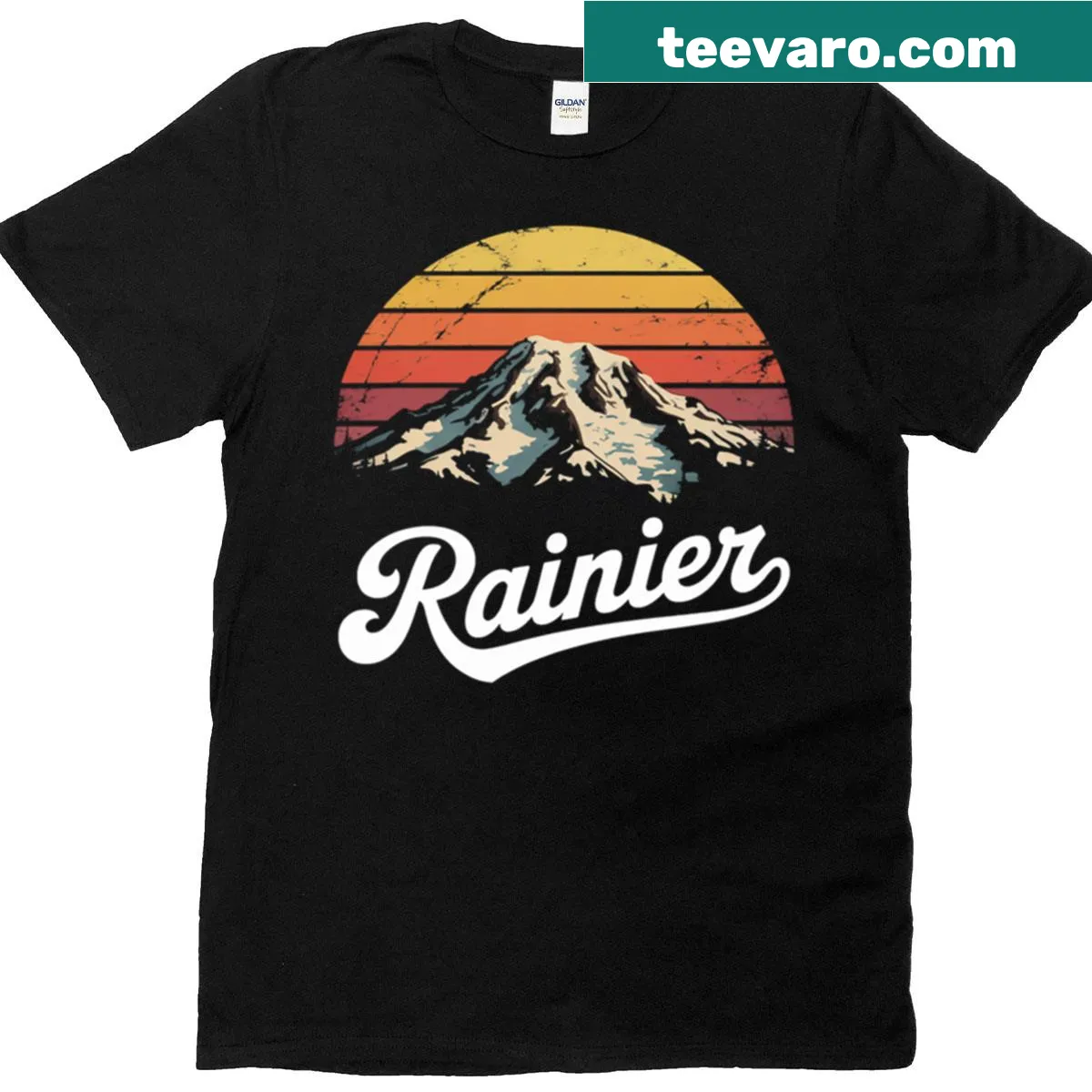 T-shirt featuring Mount Rainier graphic with mountains and sun. — on a men's t-shirt