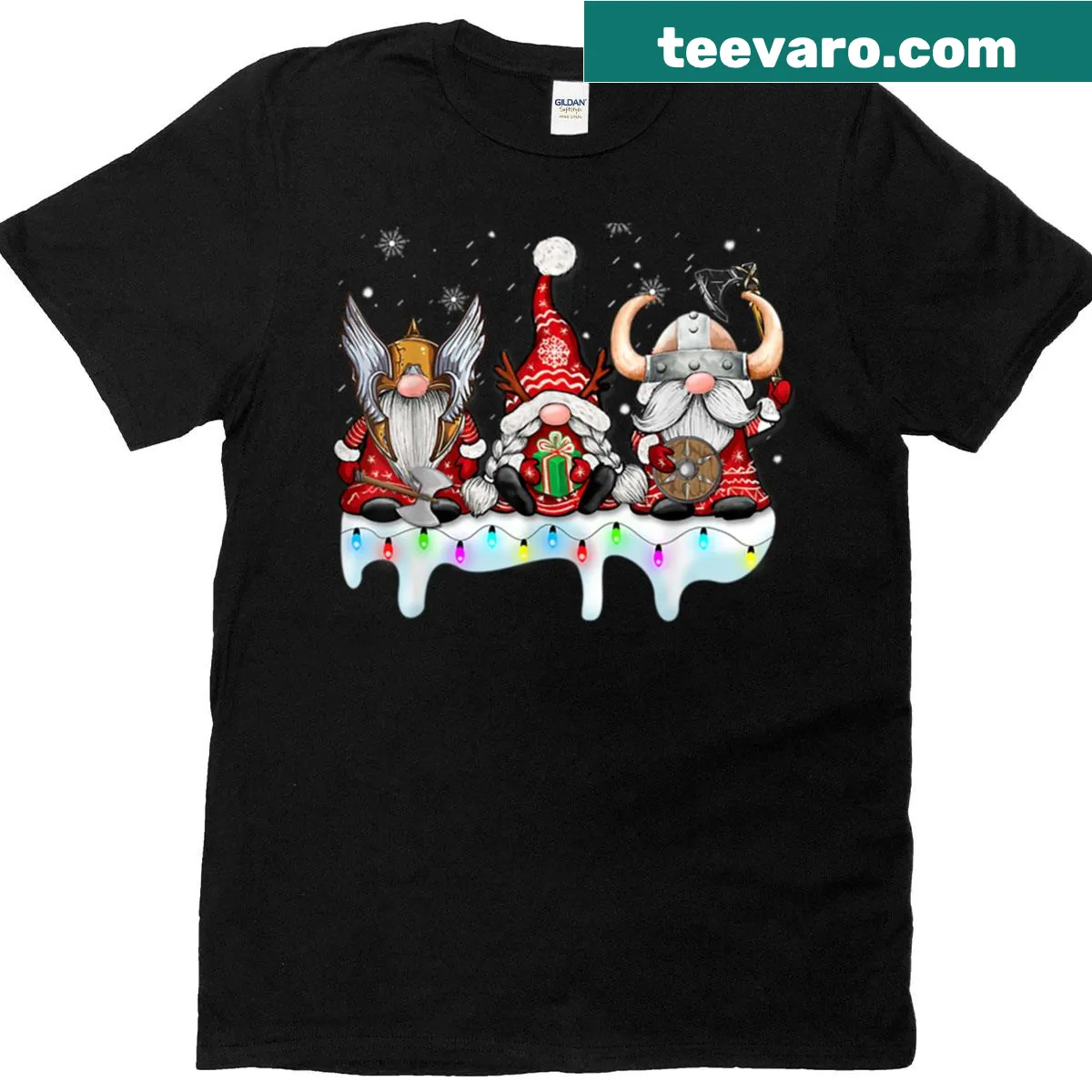 Whimsical Viking gnome design for Christmas, featuring Norse elements — on a men's t-shirt