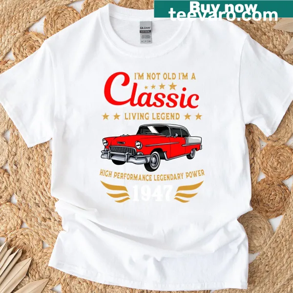 Vintage birthday t-shirt featuring a classic car design from 1947
