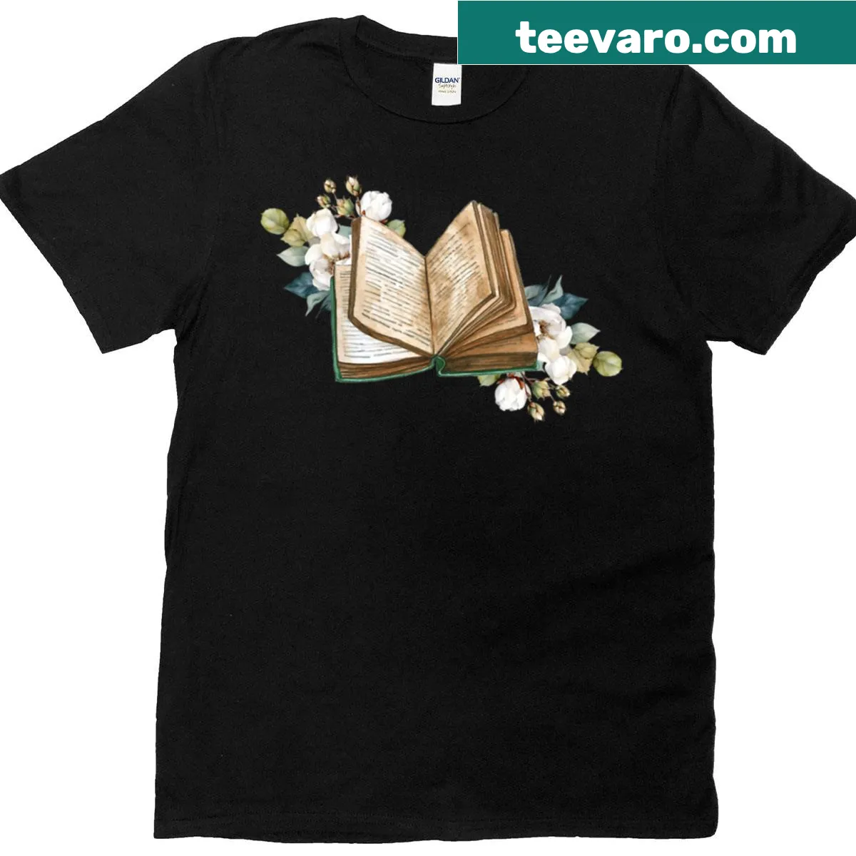 Vintage-style t-shirt with floral and book watercolor illustration for readers. — on a men's t-shirt