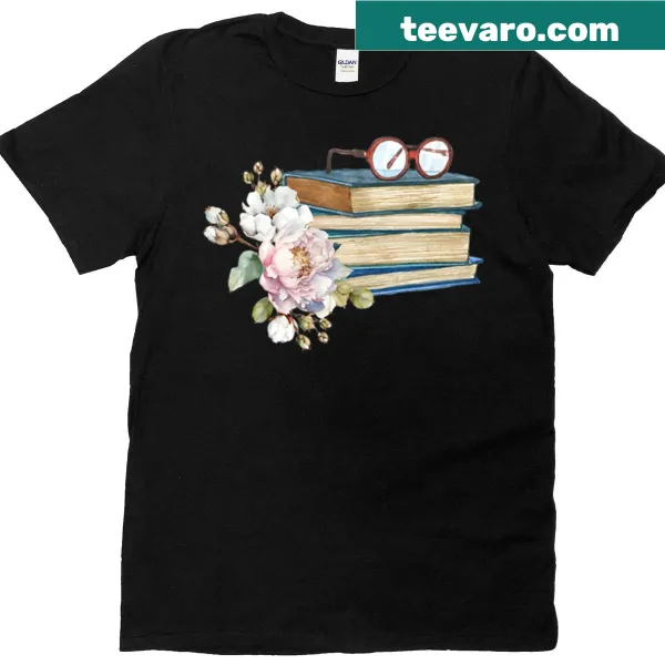 Watercolor book stack with floral design on a T-shirt.