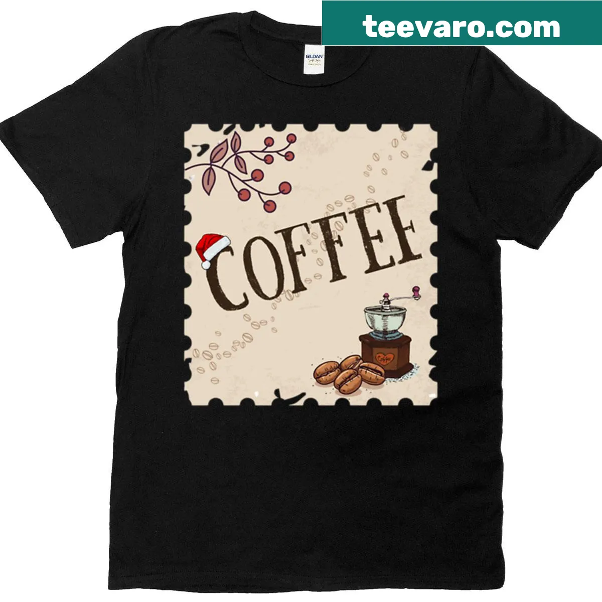 Vintage coffee grinder illustration on a Christmas-themed T-shirt. — on a men's t-shirt