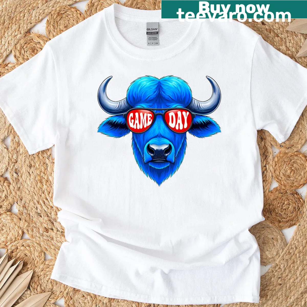 Vintage Buffalo wearing sunglasses graphic on T-shirt — on a men's t-shirt