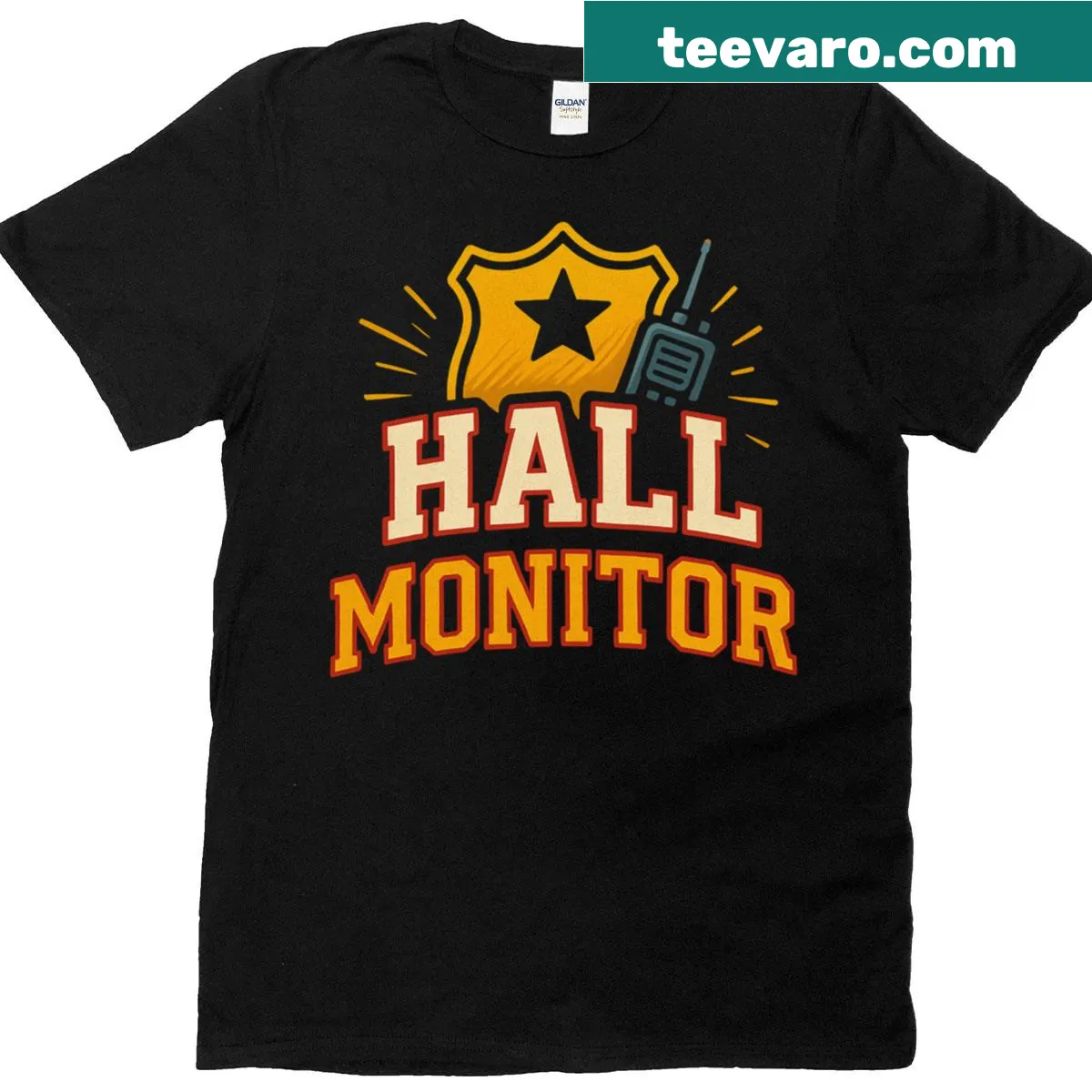 Vintage hall monitor T-shirt with playful patrol graphics — on a men's t-shirt