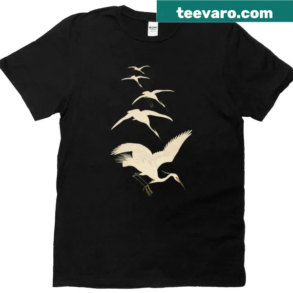 Artistic design of Japanese cranes on a vintage-style t-shirt