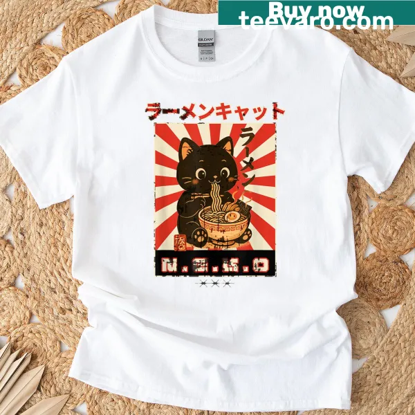 Vintage-style shirt featuring a cat with ramen in a playful graphic