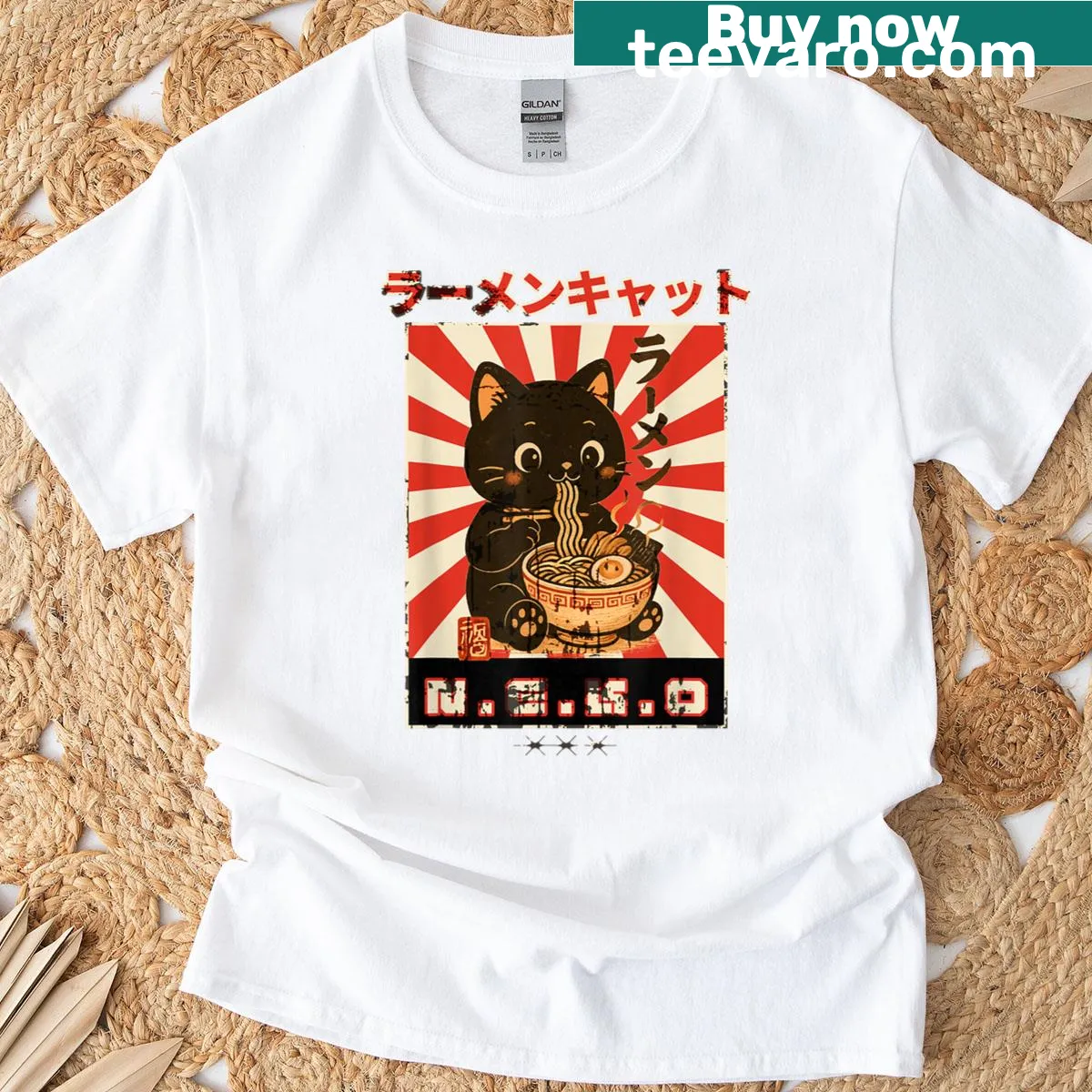 Vintage-style shirt featuring a cat with ramen in a playful graphic — on a men's t-shirt