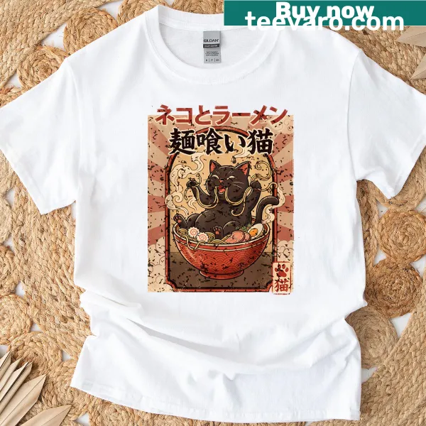 Illustrated T-shirt featuring a cat enjoying a bowl of ramen noodles