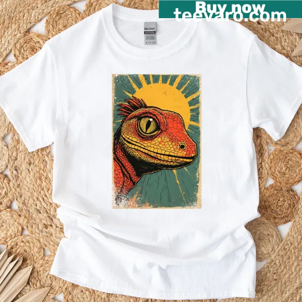 Vintage distressed T-shirt featuring a playful lizard graphic