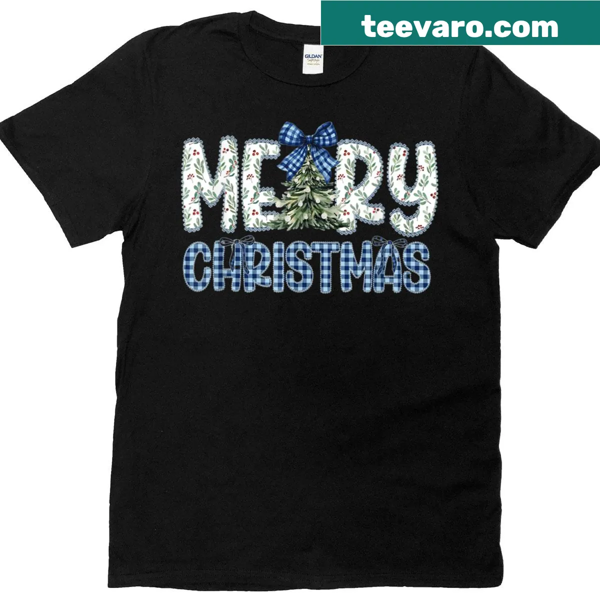 Rustic tree design with plaid pattern for a vintage Christmas T-shirt — on a men's t-shirt