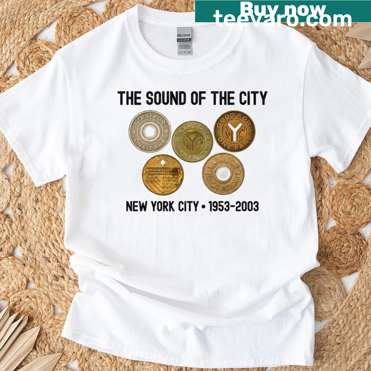 Retro NYC subway token graphic on t-shirt — on a men's t-shirt