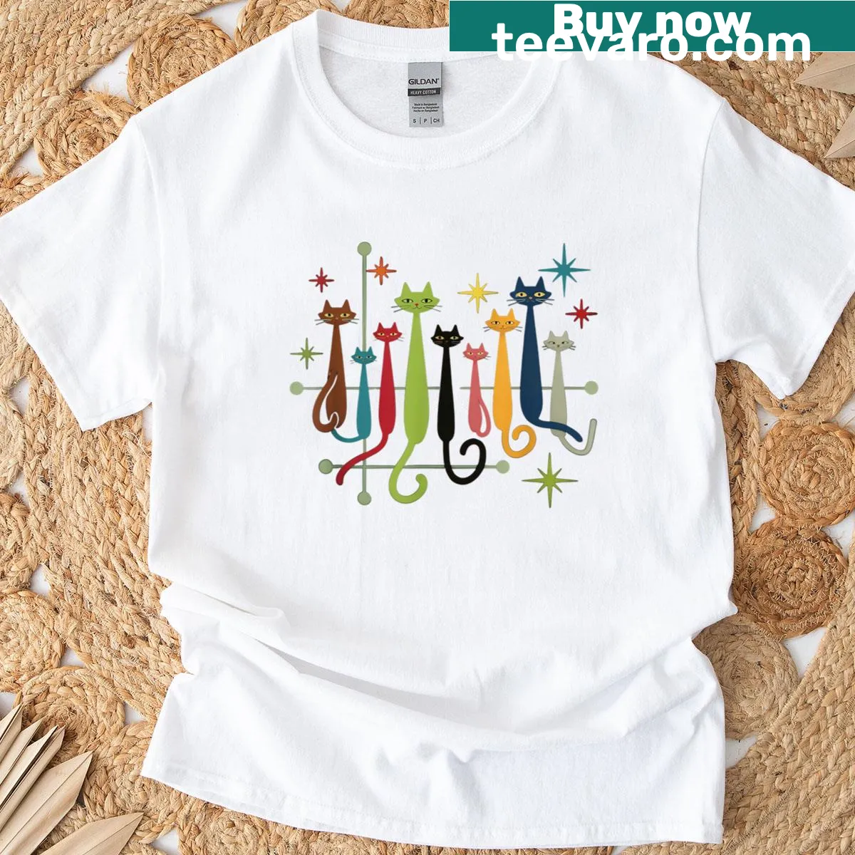 Retro graphic of mid-century modern cats on t-shirt — on a men's t-shirt