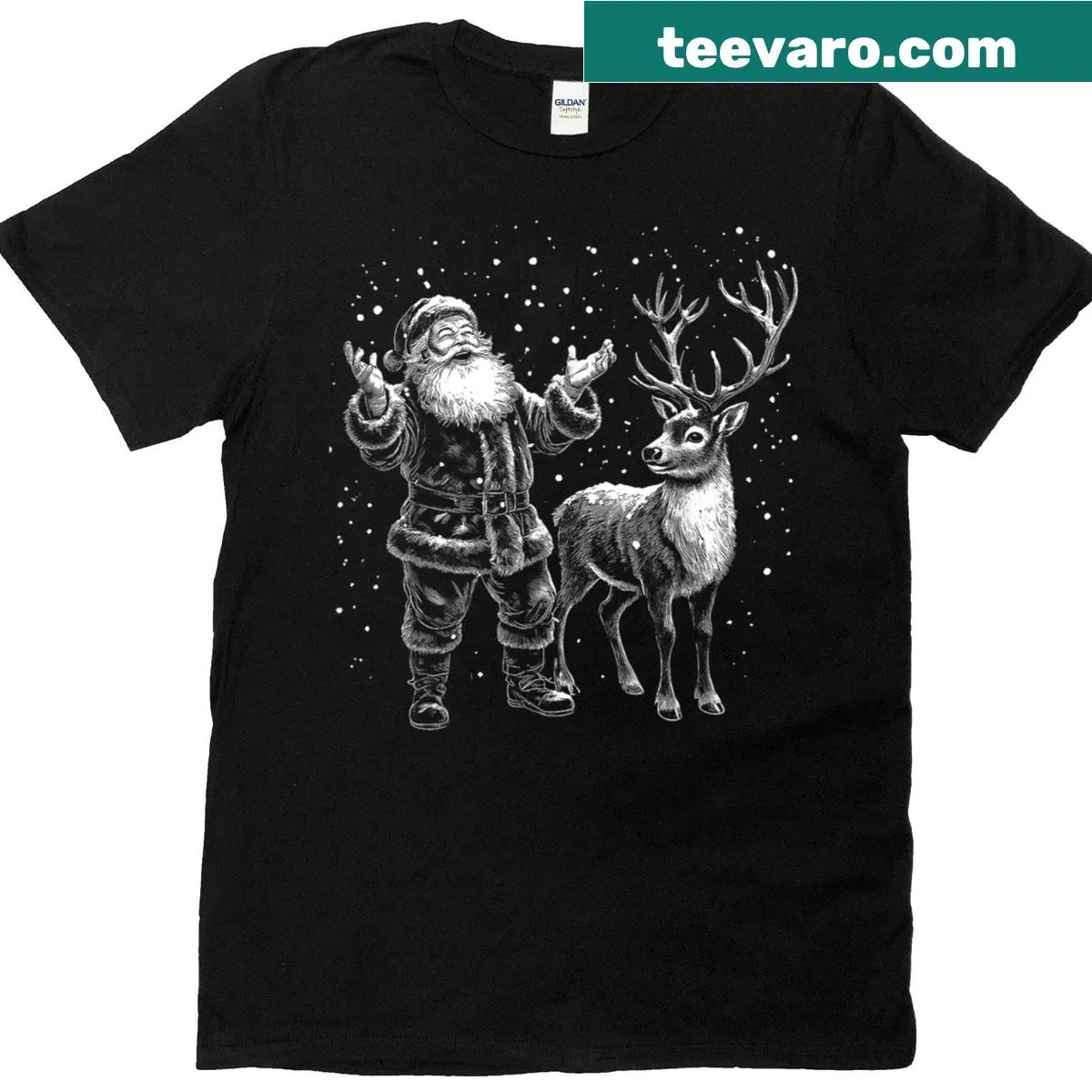 Vintage Christmas T-shirt featuring Santa and reindeer in snow — on a men's t-shirt
