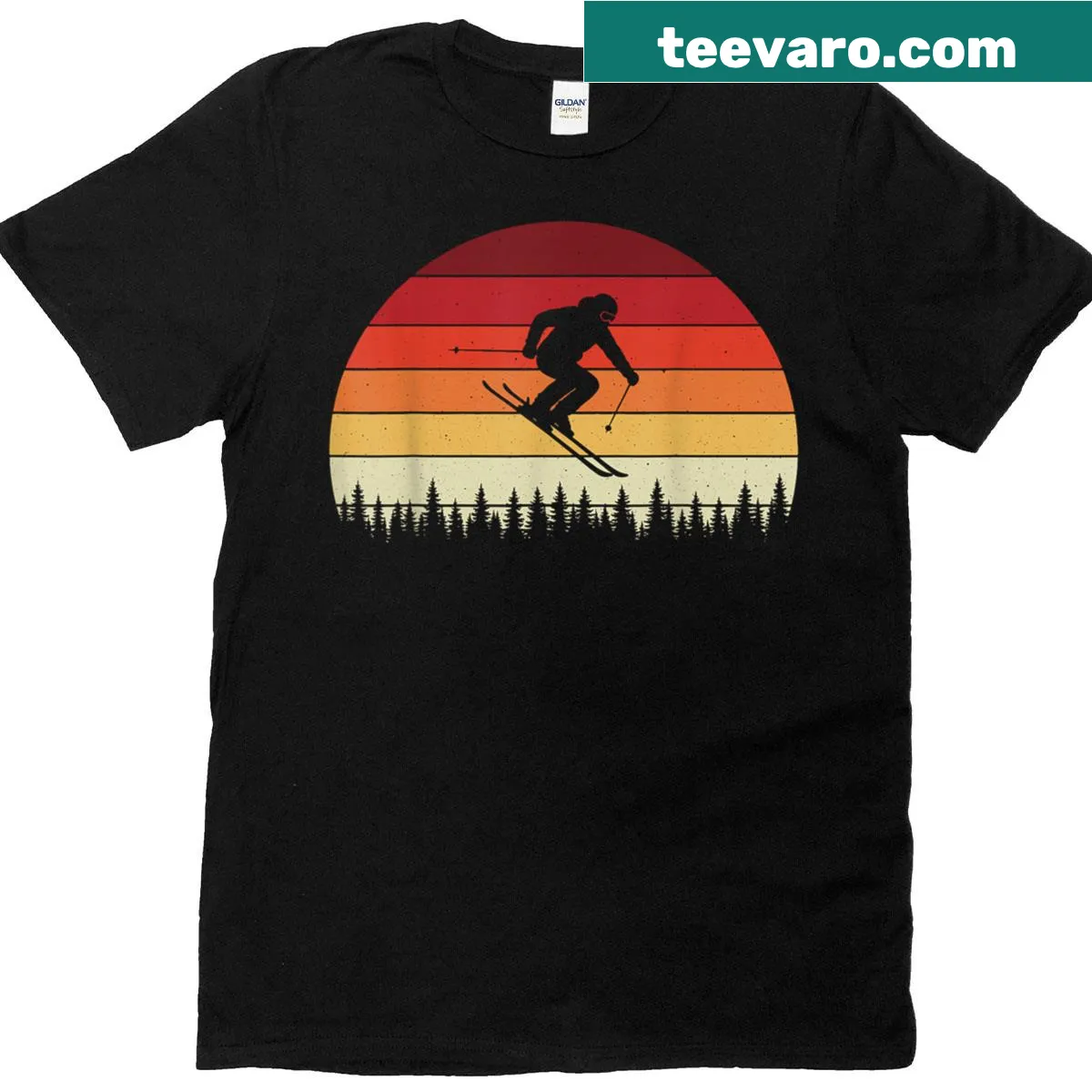 Skiing scene against mountains in a vintage-style t-shirt — on a men's t-shirt