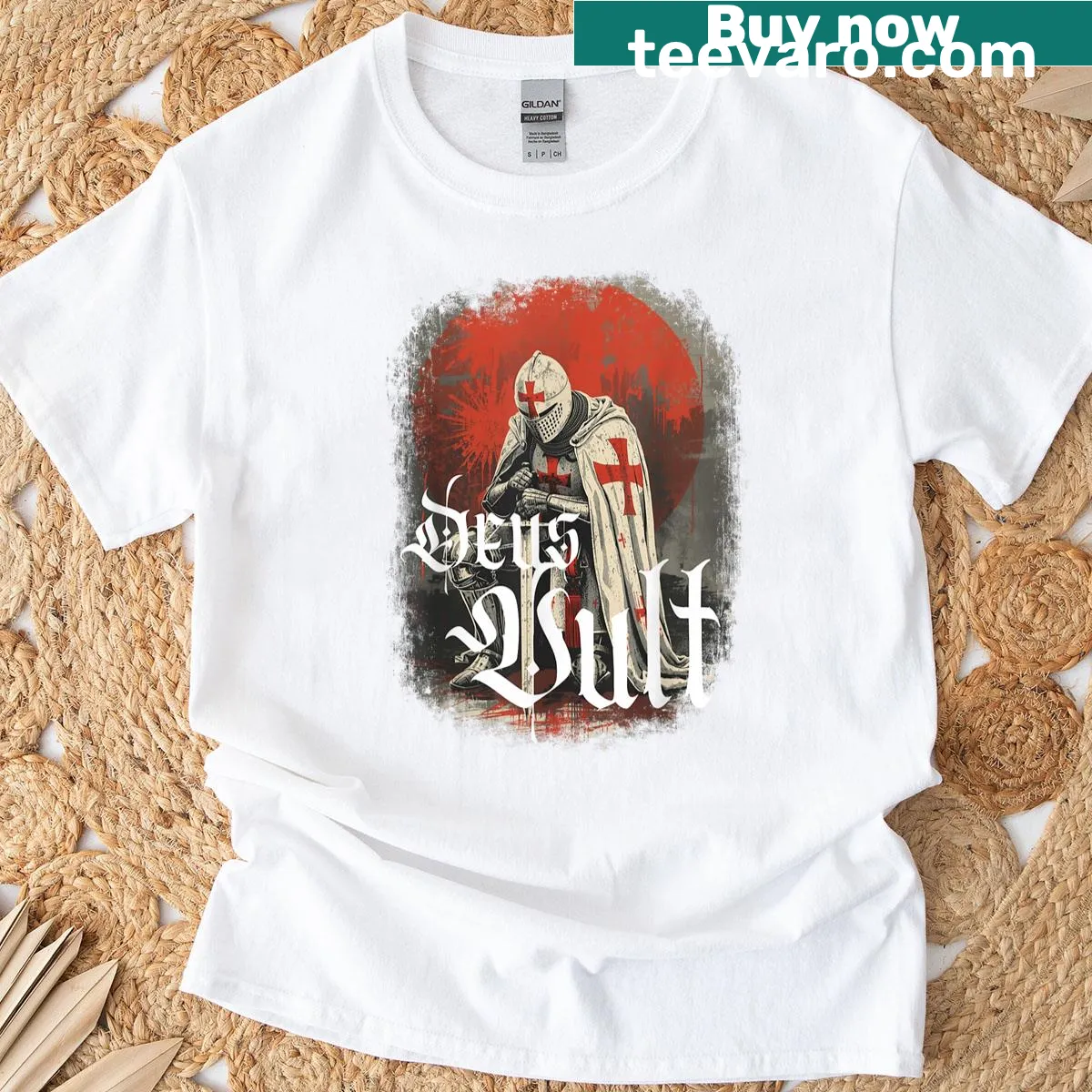 Vintage Templar Knight t-shirt with the phrase 'Deus Vult' — on a men's t-shirt