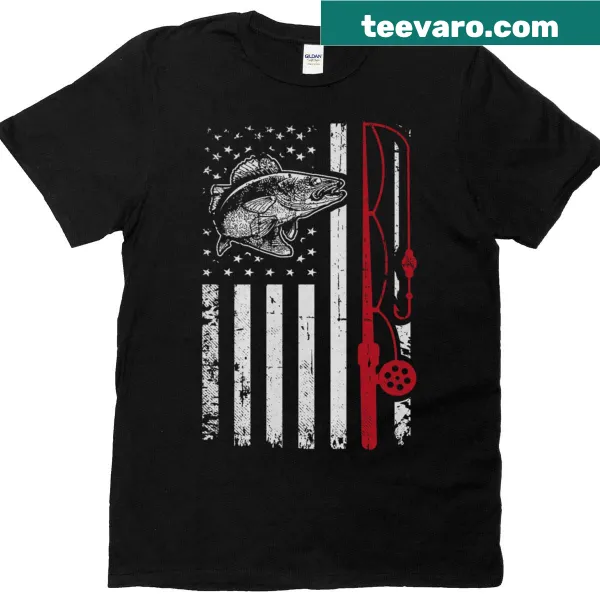 Vintage fishing tee featuring a walleye fish and American flag design