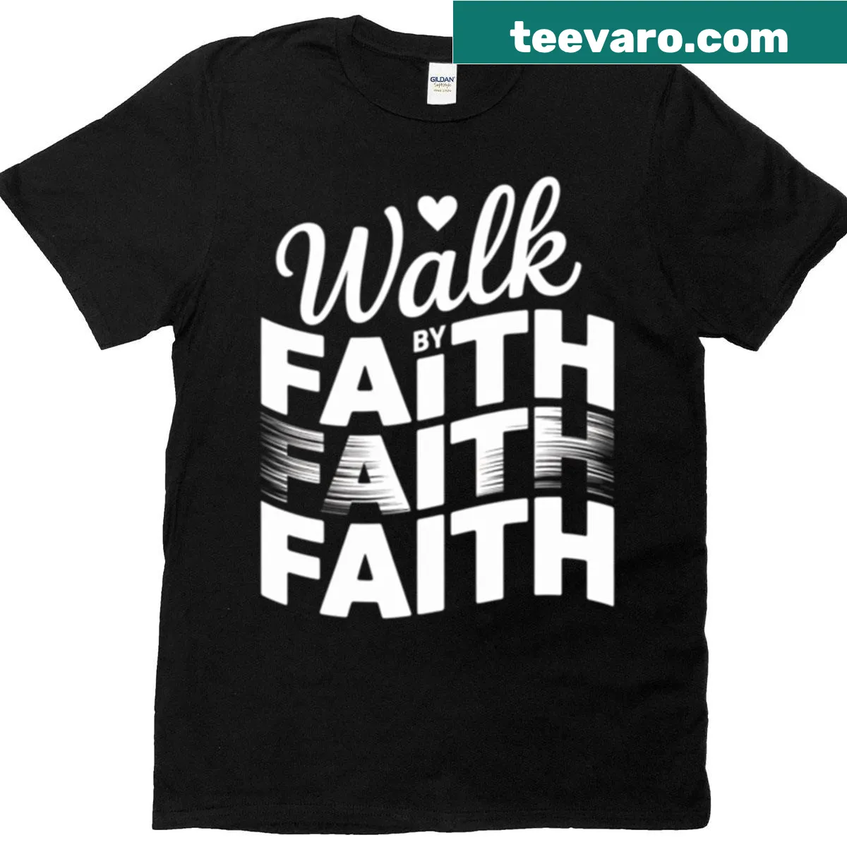 Inspirational Walk By Faith t-shirt with bold typography — on a men's t-shirt
