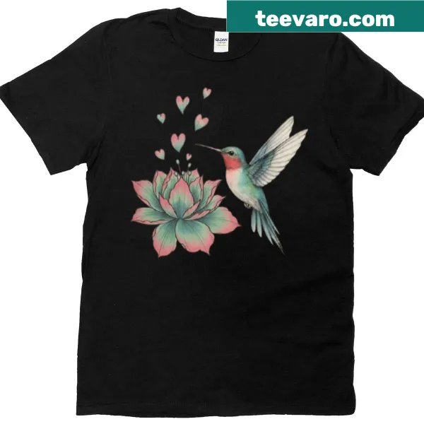 Watercolor T-shirt featuring a hummingbird and lotus flower design