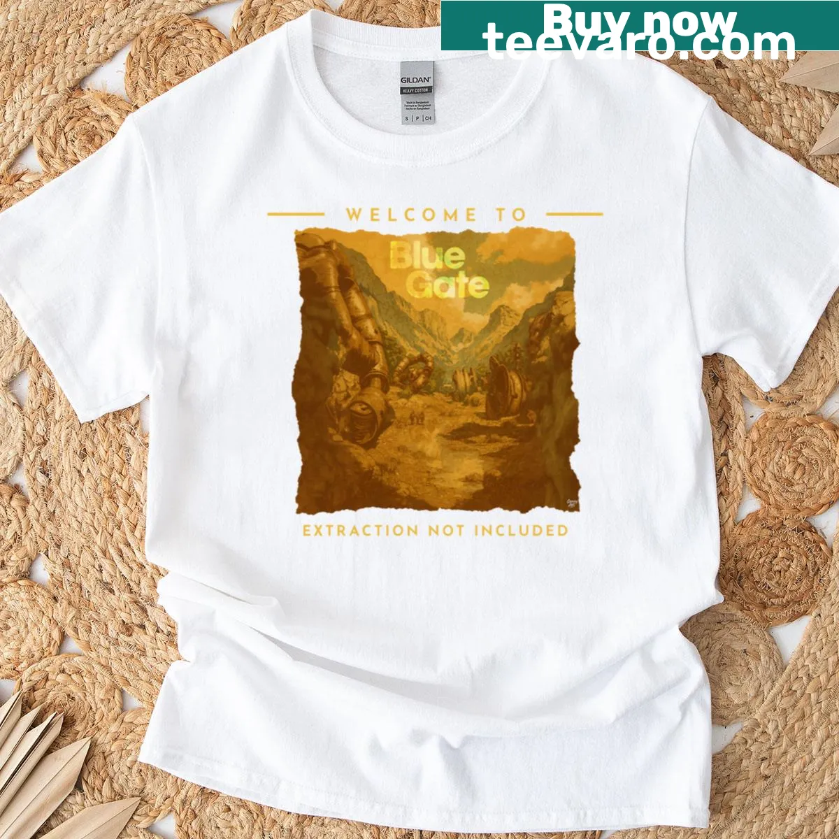 Vintage-style gaming graphic inspired by Blue Gate Arc Raiders on t-shirt — on a men's t-shirt
