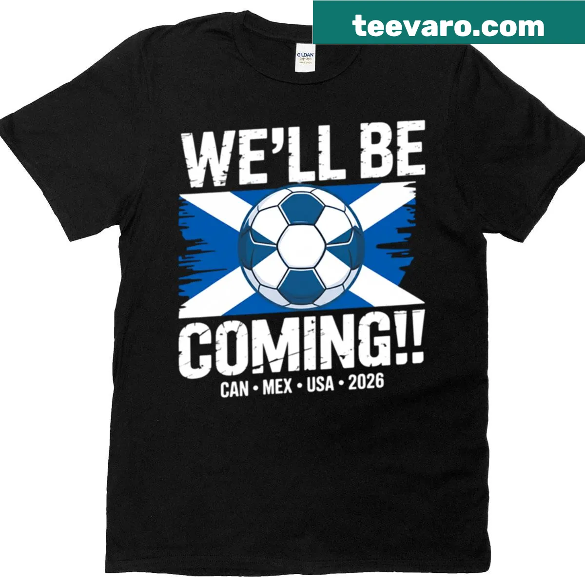 2026 Scotland football t-shirt with bold text design — on a men's t-shirt