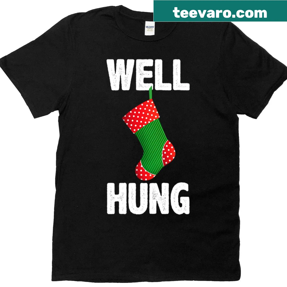Funny Christmas t-shirt with 'Well Hung' humorous design — on a men's t-shirt