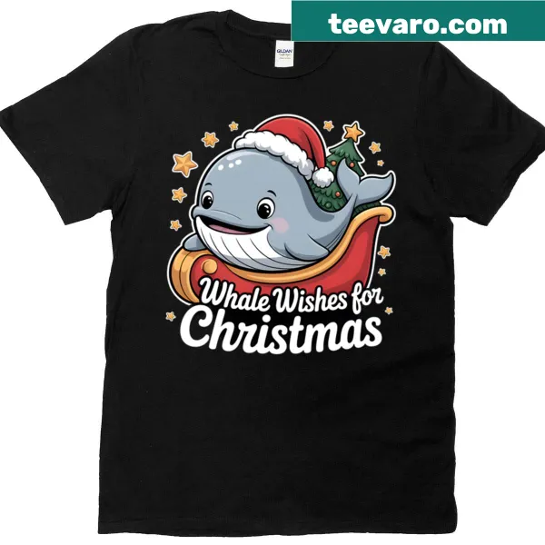 Cute Christmas t-shirt with a whimsical whale and festive design