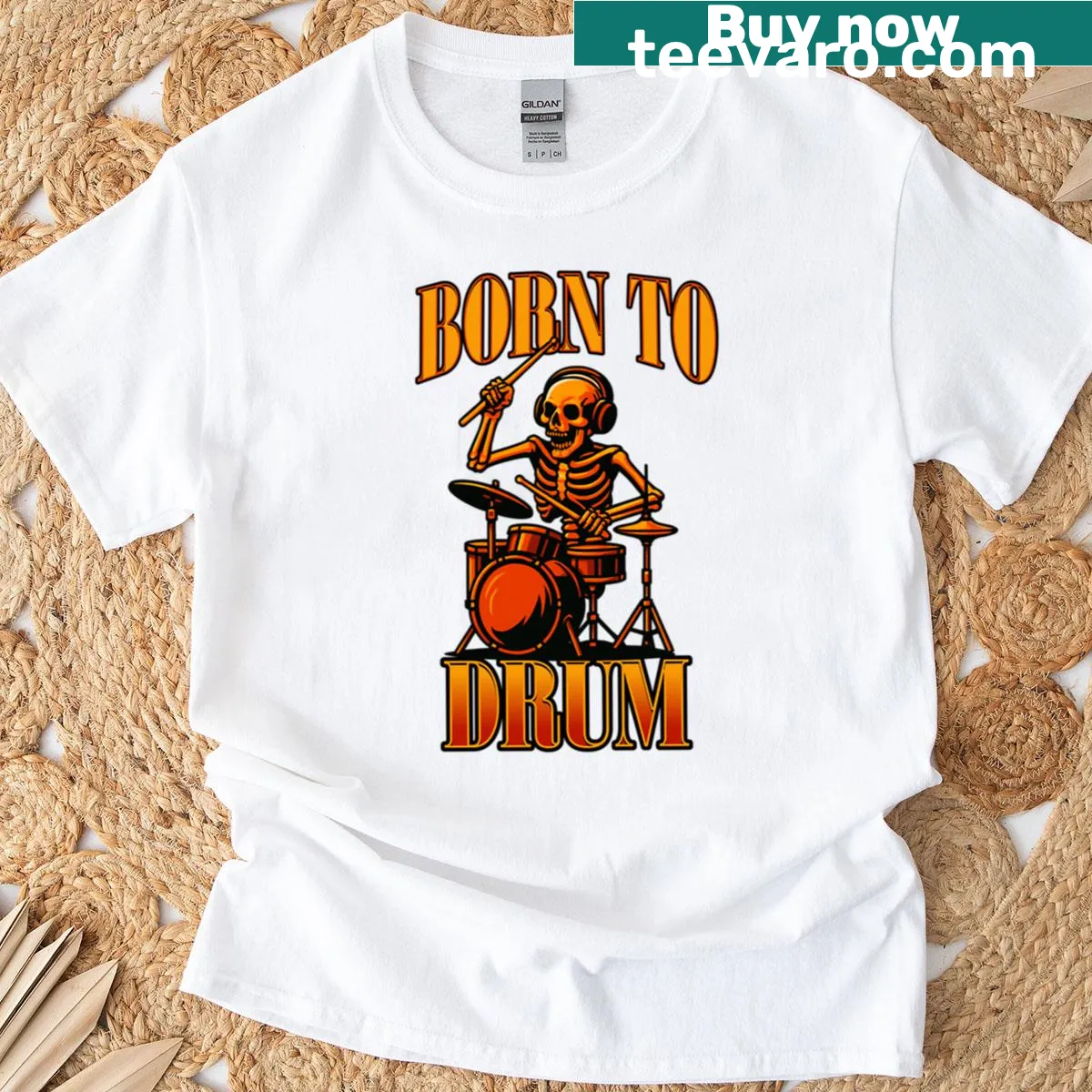 Skeleton drummer graphic t-shirt with humorous text — on a men's t-shirt
