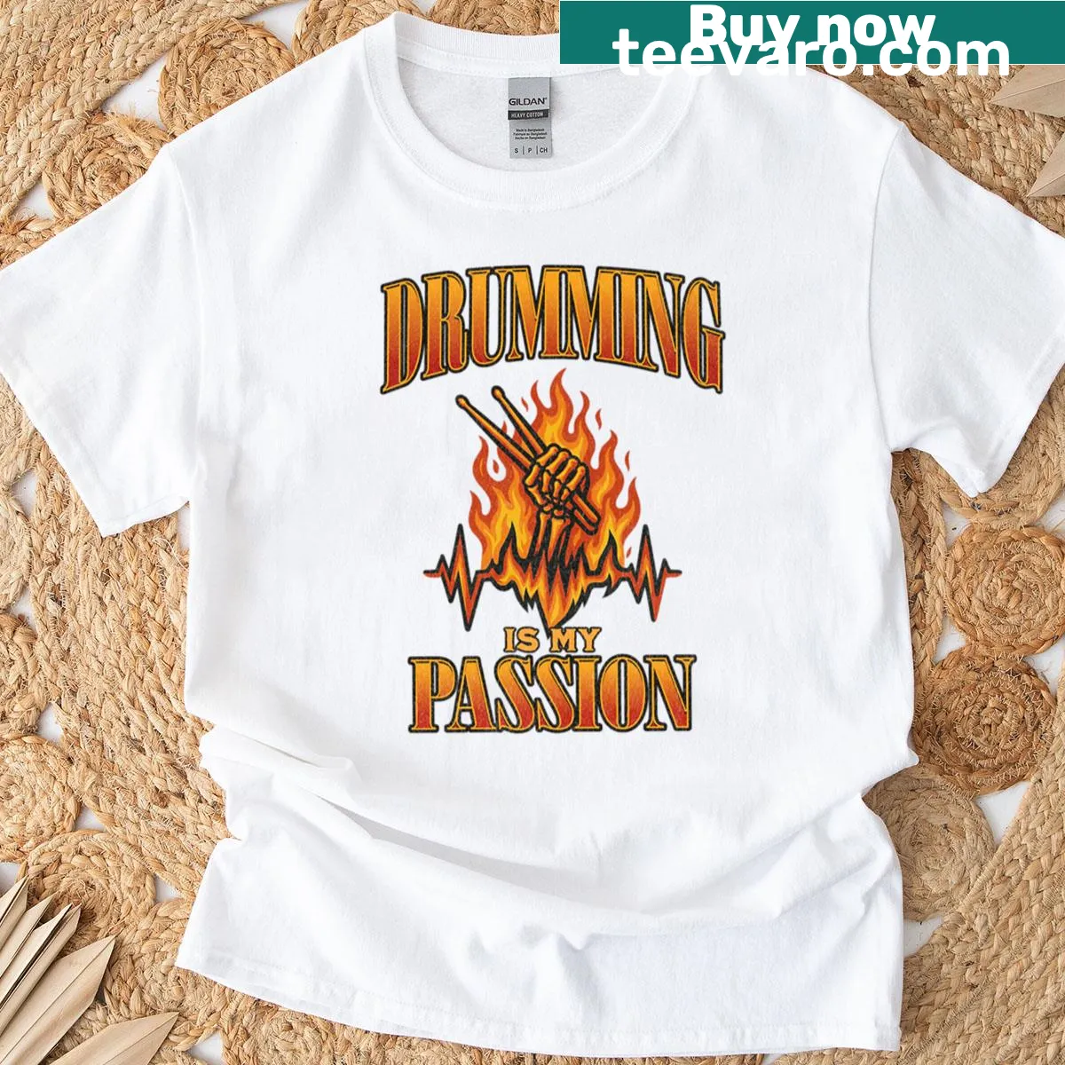 Skeleton graphic with drumsticks symbolizing drumming passion — on a men's t-shirt