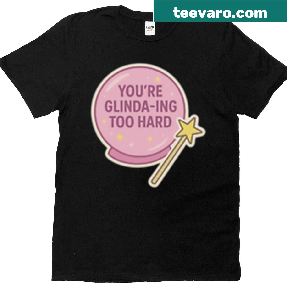 Vintage Glinda t-shirt featuring a whimsical graphic of Glinda with crown and wand — on a men's t-shirt