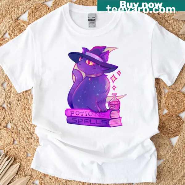 Whimsical witchy cat graphic on t-shirt