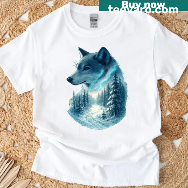 T-shirt with an ethereal wolfscape nature fusion print