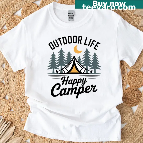 Illustrative Happy Camper design featuring a camper van and nature elements