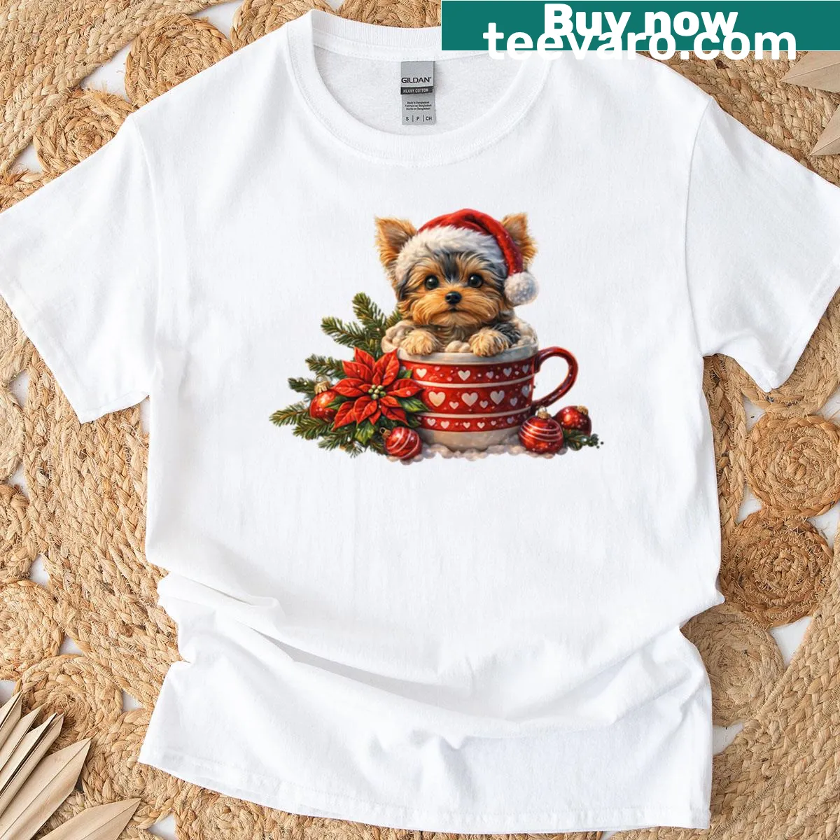 Cute illustration of a Yorkshire Terrier in a cocoa cup for Christmas — on a men's t-shirt