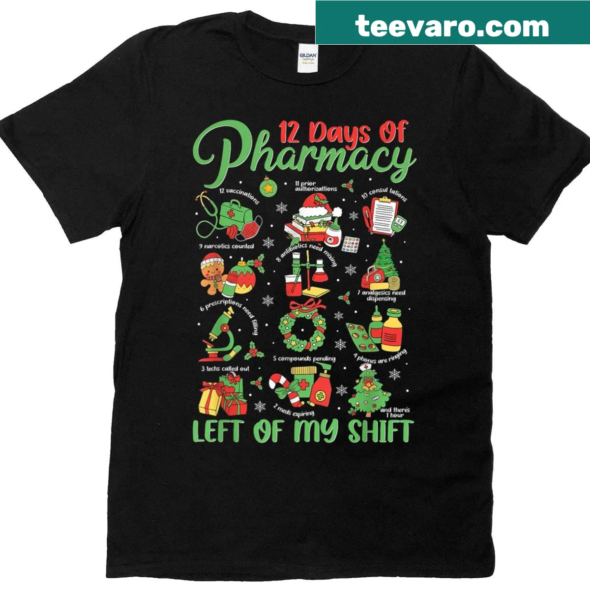 Christmas-themed typography for pharmacy professionals on t-shirt — on a men's t-shirt