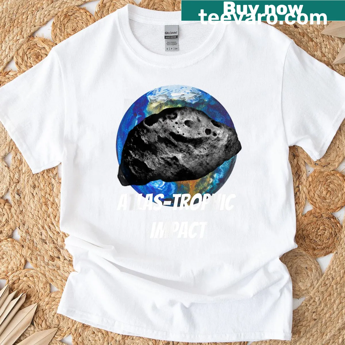 Funny space-themed t-shirt with comets and asteroids illustration — on a men's t-shirt