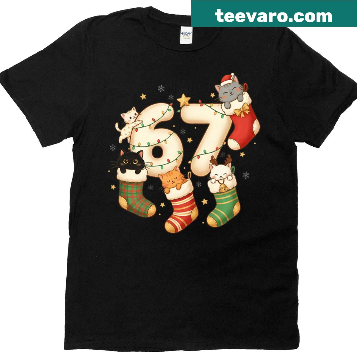 Funny holiday t-shirt featuring meme cats in Christmas theme — on a men's t-shirt