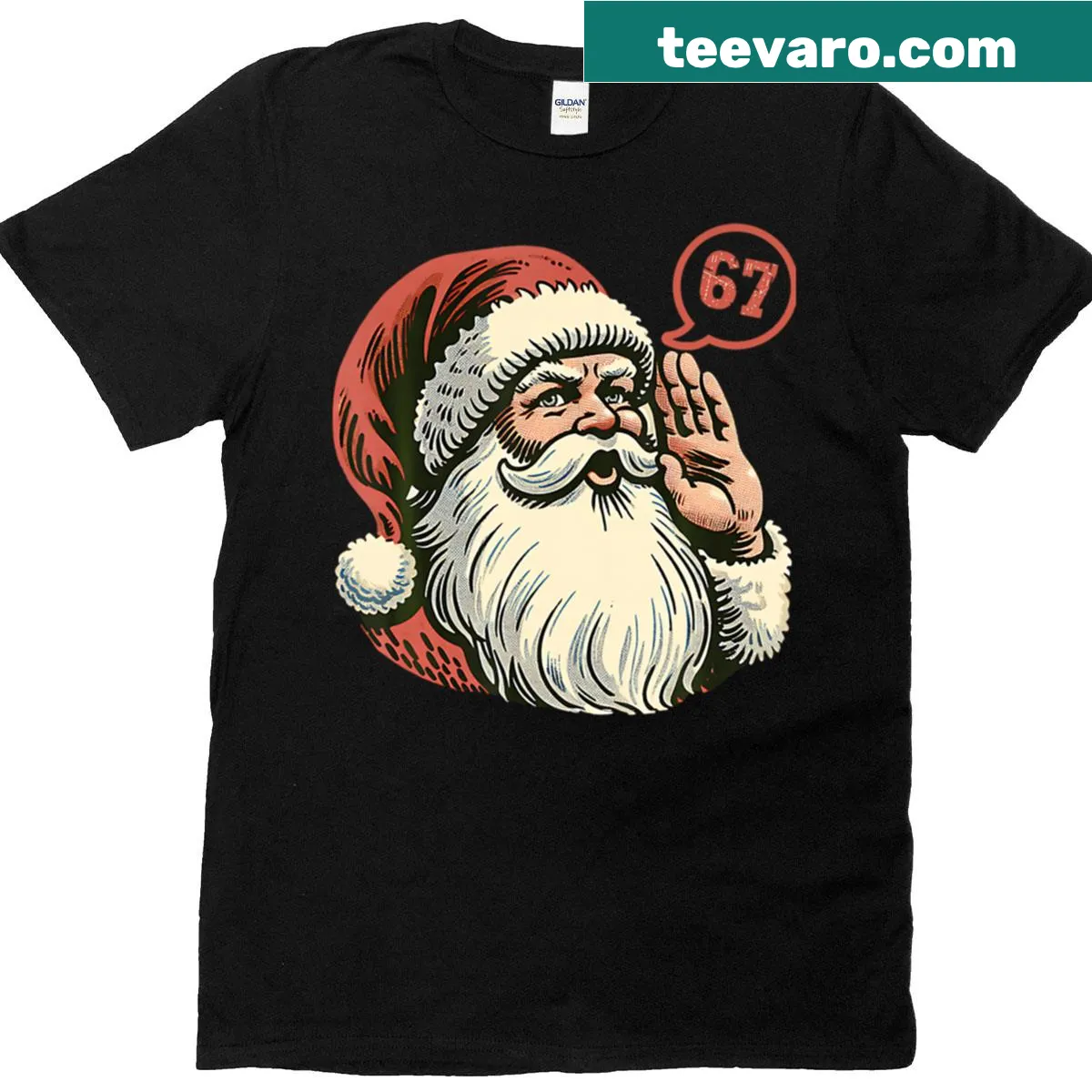Funny Christmas shirt with meme Santa Claus and text 'Six Seven' — on a men's t-shirt
