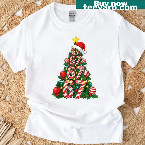 Festive Christmas t-shirt with a tree and candy cane design.